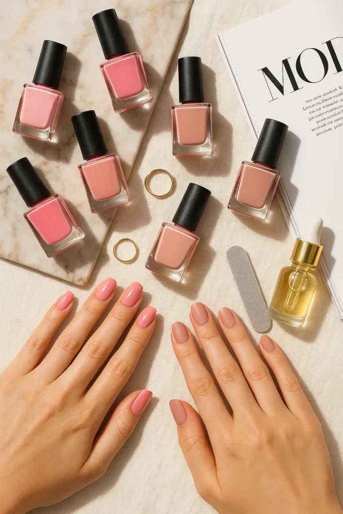 Photorealistic flat lay of real pink nail polish bottles in assorted shades (baby pink, hot pink, nude pink, mauve), arranged on a natural marble and white linen background. Include realistic female hands with perfectly manicured pink nails in different finishes (glossy, matte, sheer). Add subtle props like gold rings, nail file, cuticle oil bottle, and a fashion magazine partially open. Natural daylight, soft shadows, high-resolution beauty editorial style, ultra-realistic photography