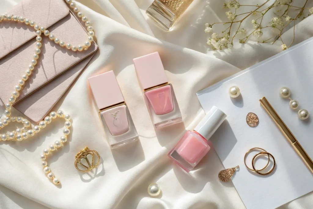 flat lay of pale and sheer pink nail polish bottles
